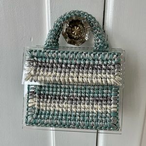 Gorgeous plexiglass + weaved fabric top handle purse